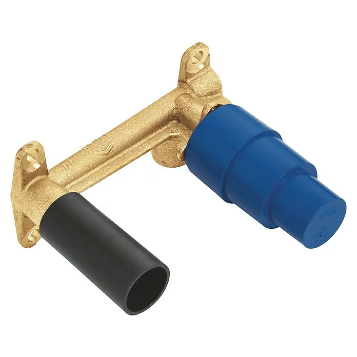 Grohe Atrio Unterputzsystem - Einbautiefe: 45 mm - 75 mm, Schwarz/Gold - Das Bild zeigt eine Unterputz-Thermostatbatterie mit einem blauen Knopf und einem schwarzen Rohr, die für eine moderne Installation konzipiert ist.