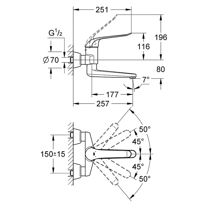Grohe Euroeco Special Waschtischarmatur - Wandmontage, Chrom, Glänzend, Ausladung Armatur: 257 mm - Eine technische Zeichnung einer Armatur mit Maßangaben für Installation und Design.