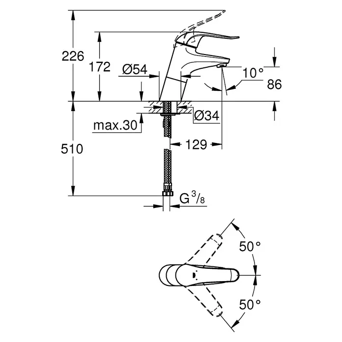 Grohe Euroeco Special Waschtischarmatur groß - Chrom, Glänzend, Ohne Zugstange - Technische Zeichnung einer Armatur mit Maßangaben zu Höhe, Ausladung und Anschluss für Installationszwecke.