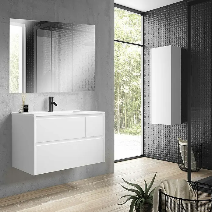 Camargue Espejo de pared Basic - 100 x 80 cm - Elegante interior de baño con un tocador blanco flotante, espejo elegante y azulejo de pared moderno.