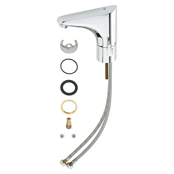 Grohe Europlus Waschtischarmatur mit Temperaturregulierung, batteriebetrieben - Infrarot-Elektronik, Chrom - Nahaufnahme einer Grohe Waschtischarmatur mit Zubehör, das die Installation erleichtert, vor einem neutralen, schwarzen Hintergrund.