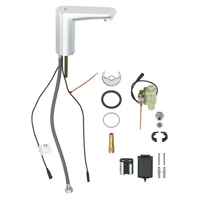 Grohe Euroeco CT Waschtischarmatur batteriebetrieben - Infrarot-Elektronik, Chrom - Bild einer Grohe Armatur mit Zubehör, inklusive Schläuchen und Montageelementen, für eine einfache Installation im Badezimmer oder der Küche.