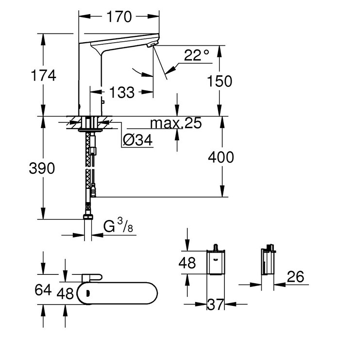 Grohe Eurosmart Waschtischarmatur mit Temperaturregulierung, batteriebetrieben (Ohne Ablaufgarnitur, Infrarot-Elektronik, Chrom, Glänzend) | BAUHAUS