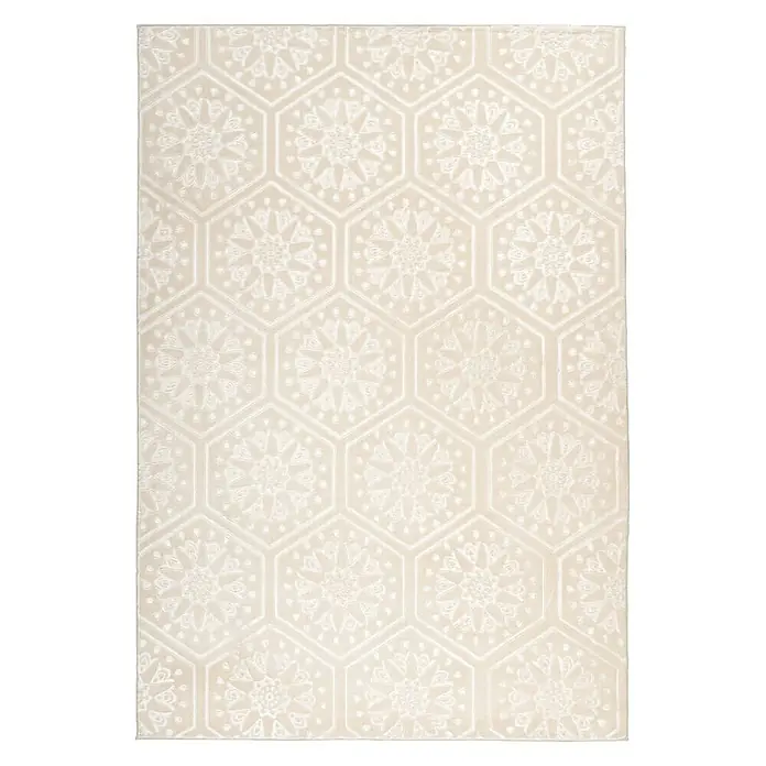 Kayoom Kurzflorteppich Monroe II - Creme, 300 x 80 cm, 100 % Polyester - Ein beiger Teppich mit einem Muster aus stilisierten Blüten in sechseckigen Feldern sorgt für einen eleganten Look.