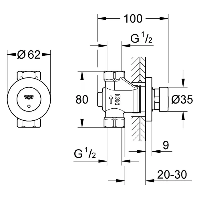 Grohe Euroeco CT UP-Ventil - Chrom/Blau, Glänzend - Abbildung des Grohe Eckventils mit detaillierten Maßangaben, einschließlich Durchmesser und Gewindegrößen für Sanitärinstallationen.