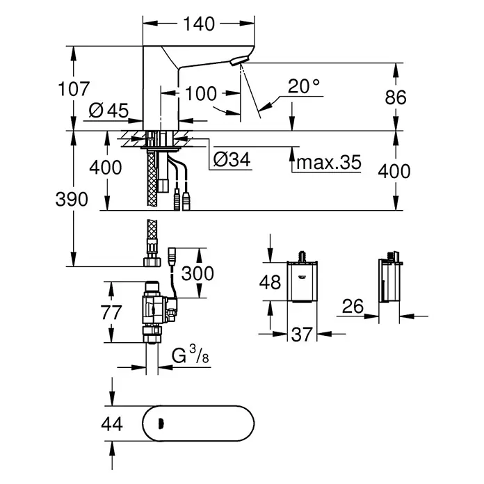 Grohe Euroeco CT Waschtischarmatur batteriebetrieben - Infrarot-Elektronik, Chrom - Eine technische Zeichnung, die die Abmessungen und Details einer Sanitärarmatur zeigt.