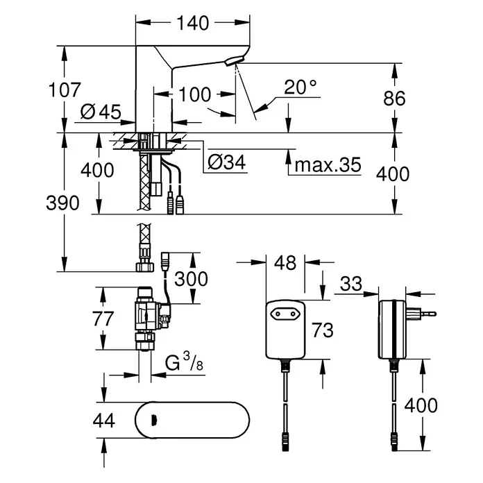 Grohe Euroeco CT Waschtischarmatur netzbetrieben - Infrarot-Elektronik, Chrom - Technische Zeichnung eines Waschtischs mit Maßangaben für Installation und Abmessungen verschiedener Komponenten.