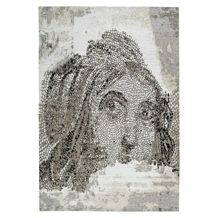 Kayoom Kurzflorteppich Iglesia - Taupe, 150 x 80 cm, 100 % Polyester - Kunstvolles Porträt einer Frau, gefertigt aus einem feinen, netzartigen Material auf Leinwand. Das Mosaikmuster verleiht Tiefe und Textur.