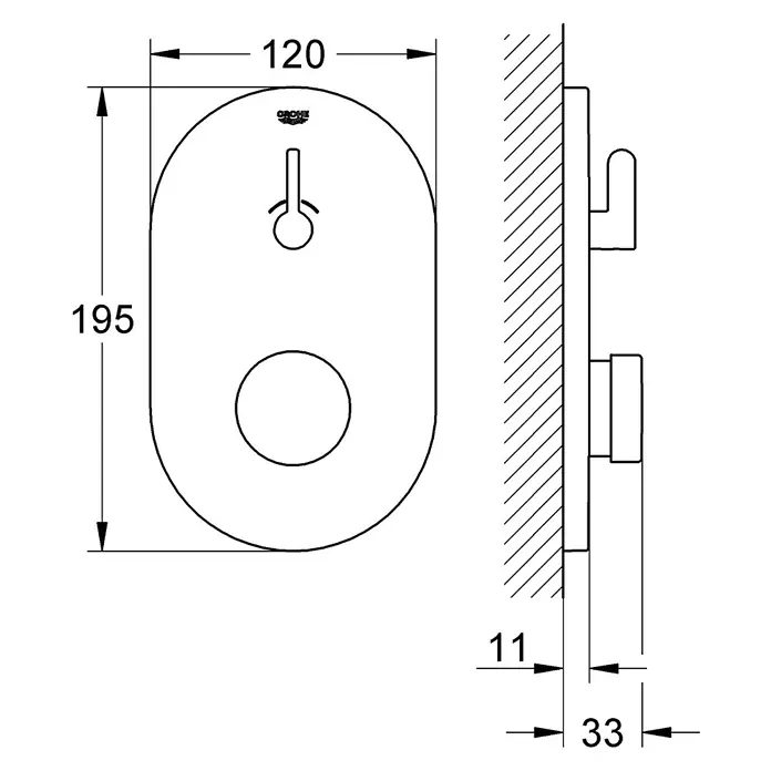 Grohe Selbstschluss-Armatur Eurosmart CT mit Mischung - Chrom, Glänzend - Abbildung einer Grohe Armatur mit den Maßen 120 x 195 mm und den Tiefen 11 und 33 mm, ideal für Badezimmer.