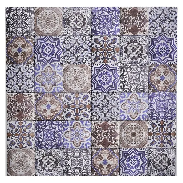 Selbstklebemosaik Quadrat Metall Retro SAM 4XAU03 - 30,5 x 30,5 mm, Mehrfarbig - Musterfliesen mit floralen und geometrischen Designs in Braun-, Lila- und Grautönen, ideal für Wand- oder Bodendekoration.