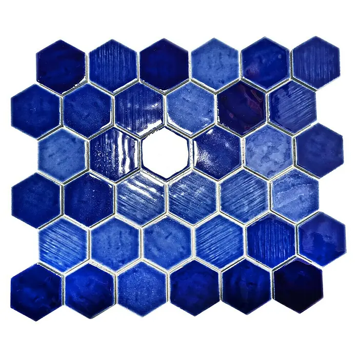 Mosaikfliese Hexagon CG SAN7 - Blau, Glänzend, L x B x S: 25,3 cm x 29,3 cm x 7 mm - Blaue hexagonale Fliesen mit einer fehlenden Fliese in der Mitte, ideal für auffällige Akzente.