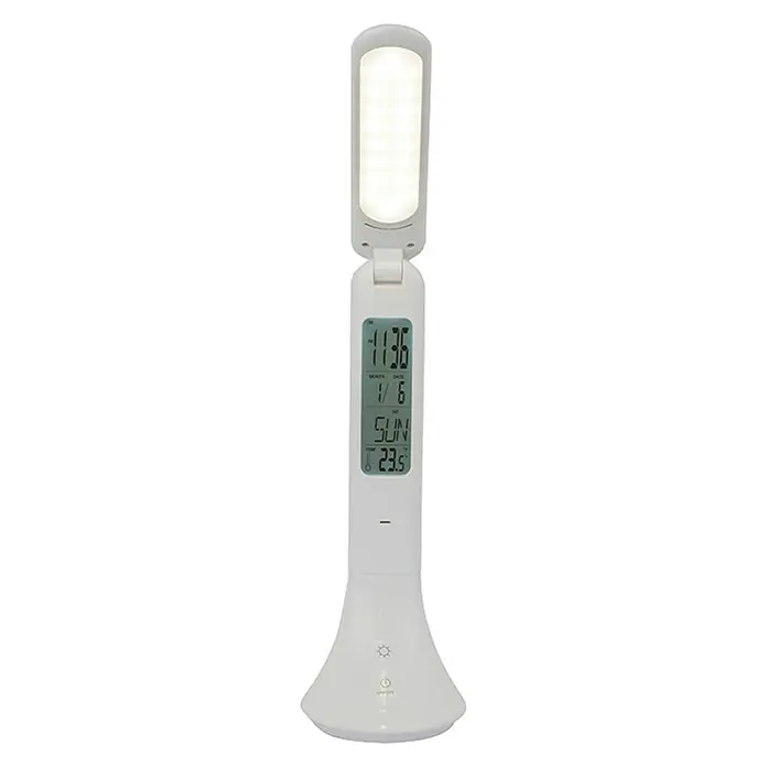 Globo LED-Tischleuchte - 4 W, L x B x H: 20 x 9 x 42,5 cm, Weiß, Neutralweiß - Eine Tischleuchte mit LED-Licht und digitaler Anzeige von Uhrzeit, Datum und Temperatur. Die Lampe ist weiß und hat ein modernes Design.