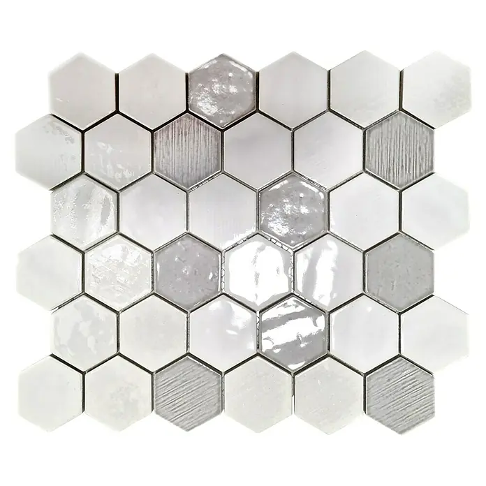 Mosaikfliese Hexagon CG SAN1 - Weiß, Glänzend, L x B x S: 25,3 cm x 29,3 cm x 7 mm - Mosaikfliesen-Matte mit sechseckigen, glänzenden weißen und grauen Keramikfliesen für Wand- und Bodenbeläge, verleiht jedem Raum Eleganz.