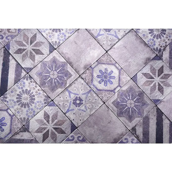 Selbstklebemosaik Quadrat Metall Retro SAM 4XAU05 - 30,5 x 30,5 mm, Mehrfarbig - Detailaufnahme von lila Keramikfliesen mit einem Mix aus floralen und geometrischen Mustern, ideal für Küche oder Bad.