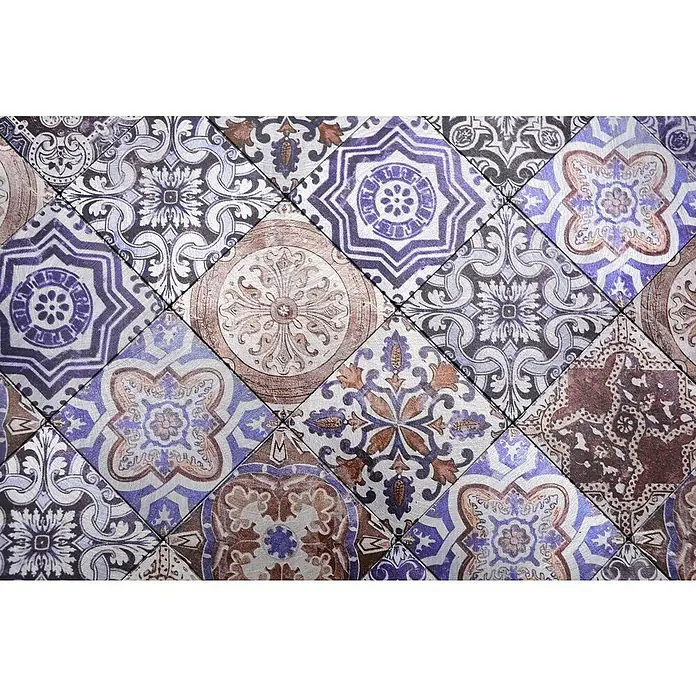 Selbstklebemosaik Quadrat Metall Retro SAM 4XAU03 - 30,5 x 30,5 mm, Mehrfarbig - Dekorfliesen mit einem aufwendigen Vintage-Muster, das eine Mischung aus floralen und geometrischen Motiven in Lila-, Braun- und Grautönen zeigt.