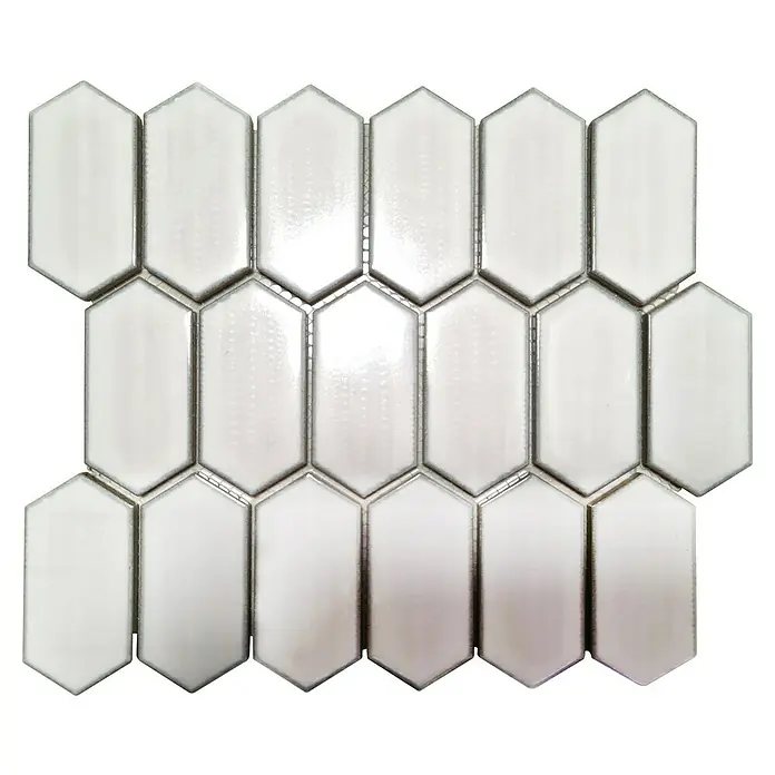 Mosaikfliese Hexagon CG CH471 - Weiß, Glänzend, 25,3 cm x 29,3 cm x 75 mm - Nahaufnahme eines Musters aus weißen, sechseckigen Keramikfliesen mit glänzender Oberfläche und grauen Fugenlinien.