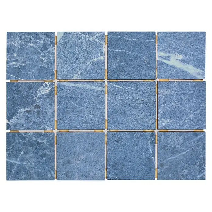 Mosaikfliese Quadrat CG BH808 - 40 x 30 cm, Blau, Matt - Nahaufnahme von blauen Marmorfliesen mit goldenen Akzenten, die ein elegantes und modernes Design für jeden Raum bieten.