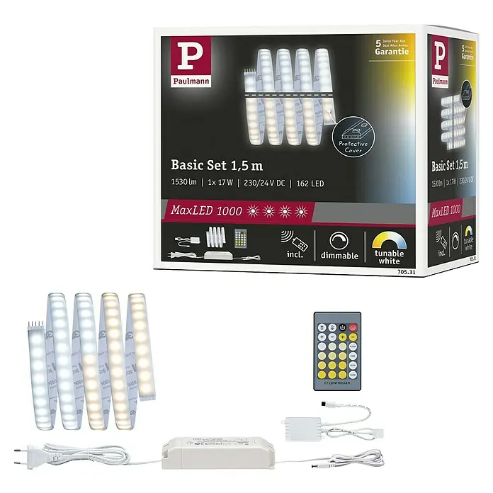 Paulmann MaxLED 1.000 LED-Band Basisset beschichtet - 150 cm, Mehrfarbig, 21 W, 1.530 lm - Abgebildet ist ein Paulmann MaxLED 1000 Basic Set 1,5 m, inklusive LED-Streifen, Steuerung und Zubehör zur flexiblen Beleuchtung.