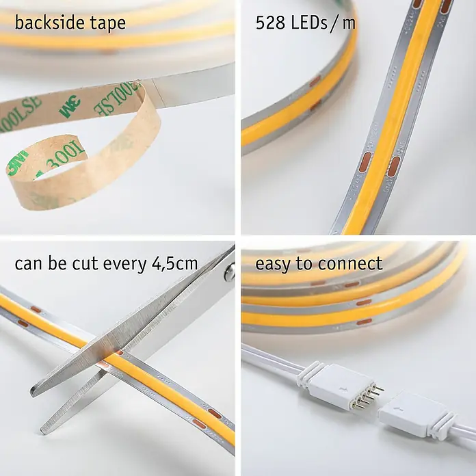 Paulmann MaxLED 1.000 Basis-Set Full-Line COB - 300 cm, 40 W, Warmweiß, 3.240 lm - Das Bild zeigt eine flexible LED-Leiste mit Klebeband, hoher LED-Dichte, Schnittmarkierungen und einfacher Verbindungsoption.