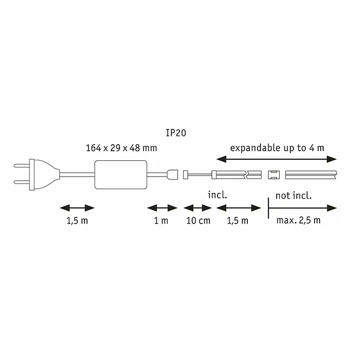 Paulmann MaxLED 1.000 Basis-Set Full-Line COB - 150 cm, 21 W, Warmweiß, 1.620 lm - Abbildung einer IP20-erweiterbaren Leuchte mit Kabel, Stecker und Größenangaben für die Produktbeschreibung.