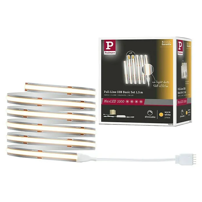 Paulmann MaxLED 1.000 Basis-Set Full-Line COB - 150 cm, 21 W, Warmweiß, 1.620 lm - Produktabbildung eines Paulmann Full-Line COB Basic Sets 1,5m. Warmweißes, dimmbares LED-Streifen-Set für flexible Innenraumbeleuchtung.