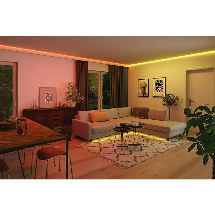 Paulmann MaxLED 1.000 LED-Band Stripe - 250 cm, RGBW, 28 W, 2.500 lm, 230 V - 240 V - Wohnzimmer mit LED-Leuchten. Die LED-Leuchten sorgen für eine warme und einladende Atmosphäre im Raum, perfekt für gemütliche Abende.