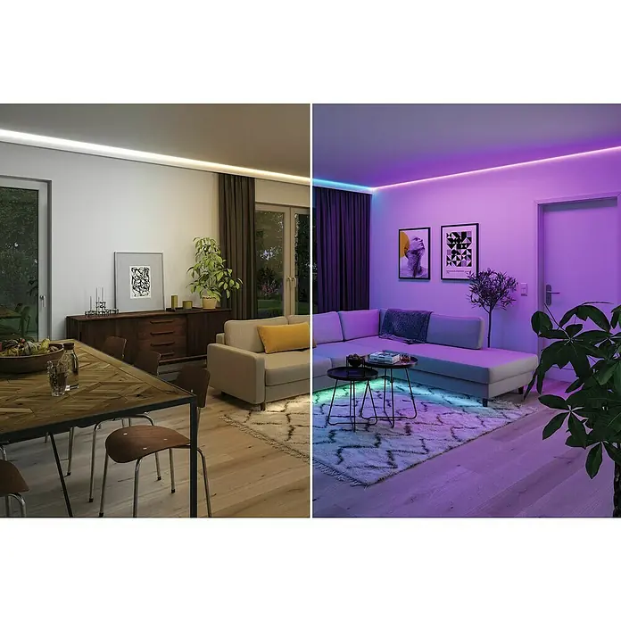 Paulmann MaxLED 1.000 LED-Band Stripe - 250 cm, RGBW, 28 W, 2.500 lm, 230 V - 240 V - Vergleich von Ambientebeleuchtung mit LED-Streifen: Warmweiß vs. farbig, für eine gemütliche oder lebhafte Atmosphäre im Wohnraum.