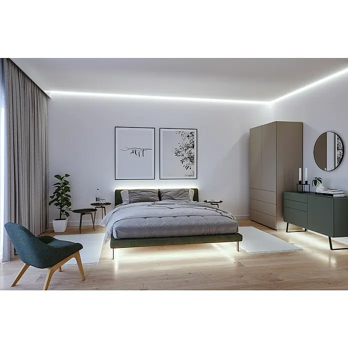 Paulmann MaxLED 1.000 Basis-Set Full-Line COB - 150 cm, 21 W, Tageslichtweiß, 1.920 lm - Elegantes Schlafzimmer mit modernem Bett, indirekter Beleuchtung und minimalistischem Design für eine entspannte Atmosphäre.