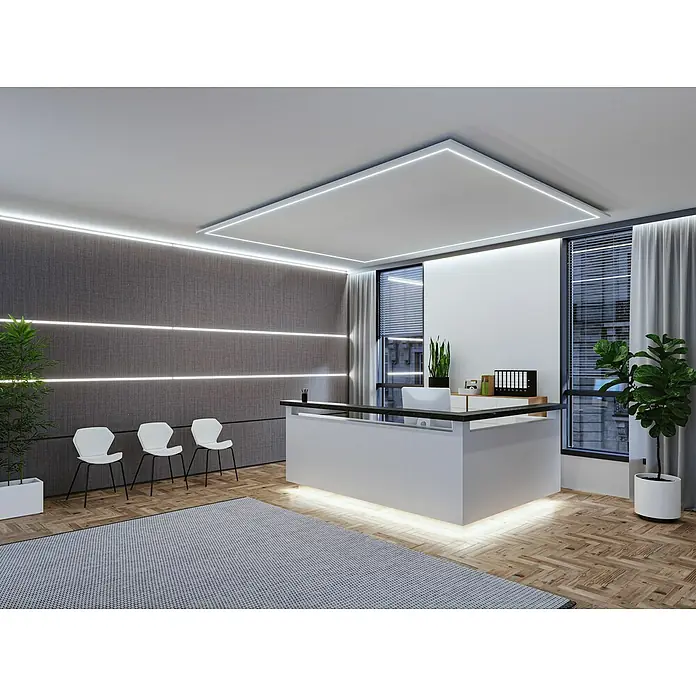 Paulmann MaxLED 1.000 Basis-Set Full-Line COB - 150 cm, 21 W, Tageslichtweiß, 1.920 lm - Modernes Büro-Design mit einem Empfangstresen, minimalistischen Stühlen und indirekter Beleuchtung für eine stilvolle und einladende Atmosphäre.