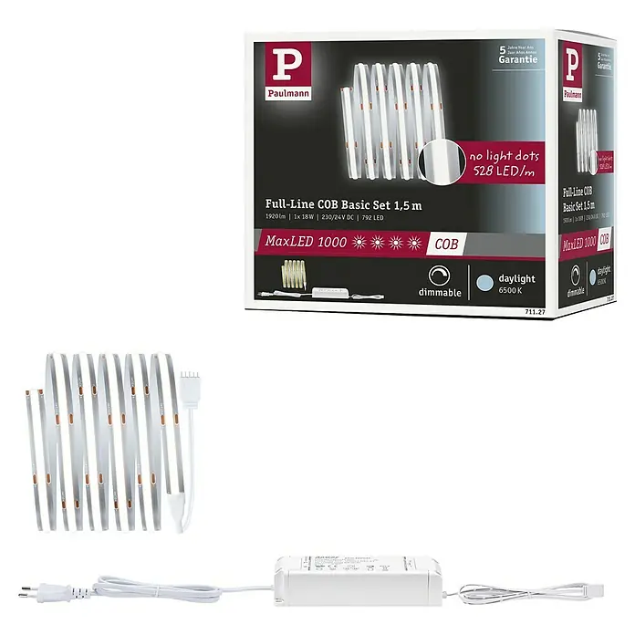 Paulmann MaxLED 1.000 Basis-Set Full-Line COB - 150 cm, 21 W, Tageslichtweiß, 1.920 lm - Abbildung eines Paulmann Full-Line COB Basic Sets 1,5m LED-Streifen, das ein helles, dimmbares und homogenes Licht für verschiedene Anwendungen bietet.