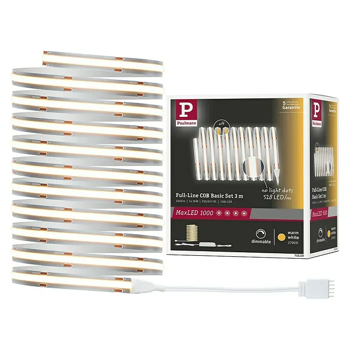 Paulmann MaxLED 1.000 Basis-Set Full-Line COB - 300 cm, 40 W, Warmweiß, 3.240 lm - Das Bild zeigt eine Paulmann Full-Line COB Basic Set 3m LED-Leuchte mit warmweißem Licht und Dimmfunktion, ideal für stimmungsvolle Beleuchtung.