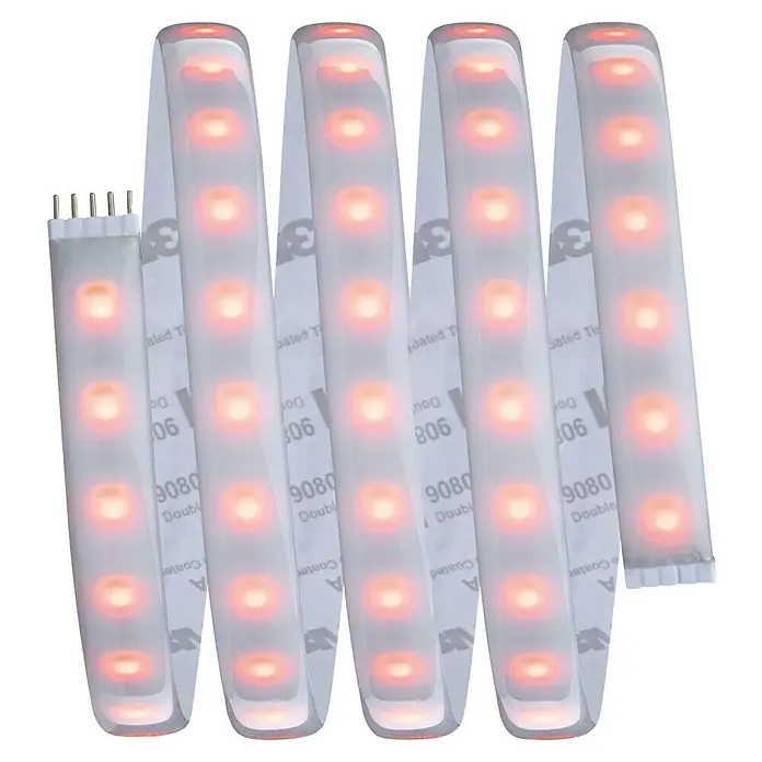 Paulmann MaxLED 1.000 LED-Band Basisset beschichtet - 150 cm, RGBW, 24 W, 1.500 lm - Nahaufnahme von LED-Streifen mit Kleberückseite und Anschlussstiften, ideal für flexible Beleuchtungslösungen mit einfacher Installation.