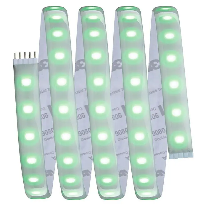 Paulmann MaxLED 1.000 LED-Band Basisset beschichtet - 150 cm, RGBW, 24 W, 1.500 lm - Nahaufnahme eines LED-Streifens mit grünen Lichtern, der auf einer weißen Unterlage mit 3M-Klebeband befestigt ist.