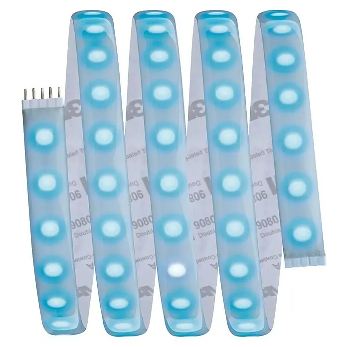 Paulmann MaxLED 1.000 LED-Band Basisset beschichtet - 150 cm, RGBW, 24 W, 1.500 lm - Nahaufnahme von LED-Streifen mit blauen Lichtern und 3M-Klebeband auf der Rückseite, ideal für dekorative Beleuchtung.