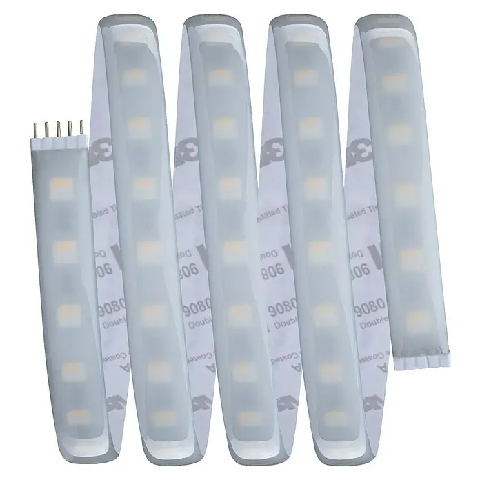 Paulmann MaxLED 1.000 LED-Band Basisset beschichtet - 150 cm, RGBW, 24 W, 1.500 lm - Nahaufnahme von LED-Streifen mit weißem Licht und Klebeband, ideal für dekorative Beleuchtung und Heimwerkerprojekte.