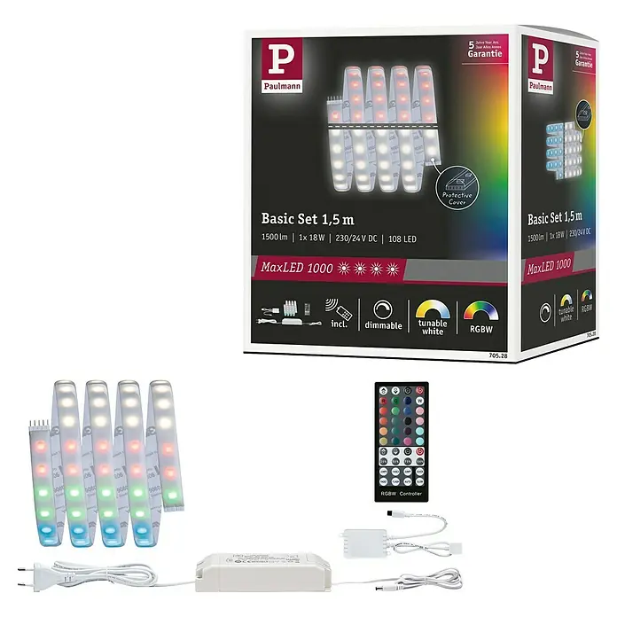 Paulmann MaxLED 1.000 LED-Band Basisset beschichtet - 150 cm, RGBW, 24 W, 1.500 lm - Produktbild des Paulmann Basic Set 1,5m MaxLED 1000, inklusive Zubehör wie Fernbedienung und Netzteil, mit verschiedenen Farbeinstellungen.