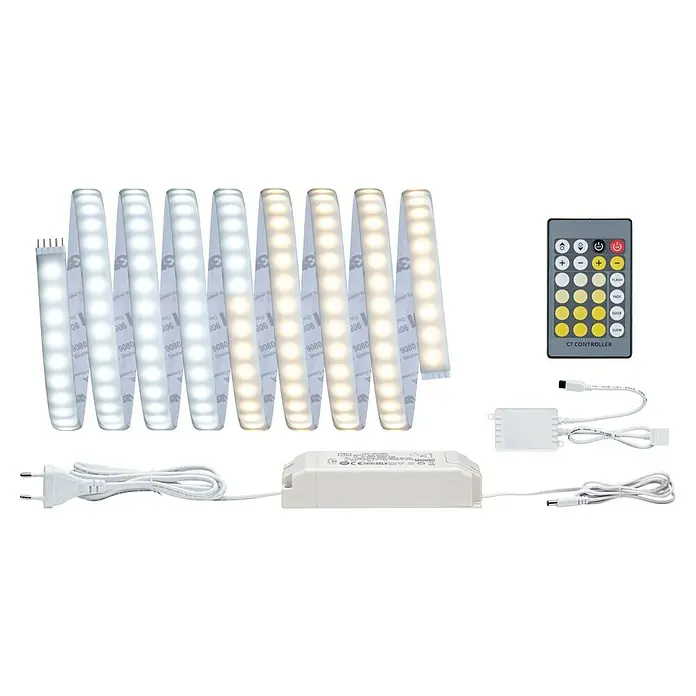Paulmann MaxLED 1.000 LED-Band Basisset beschichtet - 300 cm, Mehrfarbig, 38 W, 3.060 lm - Das Bild zeigt ein LED-Beleuchtungsset mit mehreren LED-Streifen, einer Fernbedienung, einem Netzteil und zugehörigen Kabeln für die Installation.