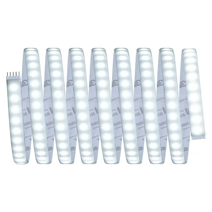Paulmann MaxLED 1.000 LED-Band Basisset beschichtet - 300 cm, Mehrfarbig, 38 W, 3.060 lm - Nahaufnahme eines LED-Streifens mit weißem Licht, der auf einer Rolle aufgewickelt ist und einen 3M-Klebestreifen auf der Rückseite hat.
