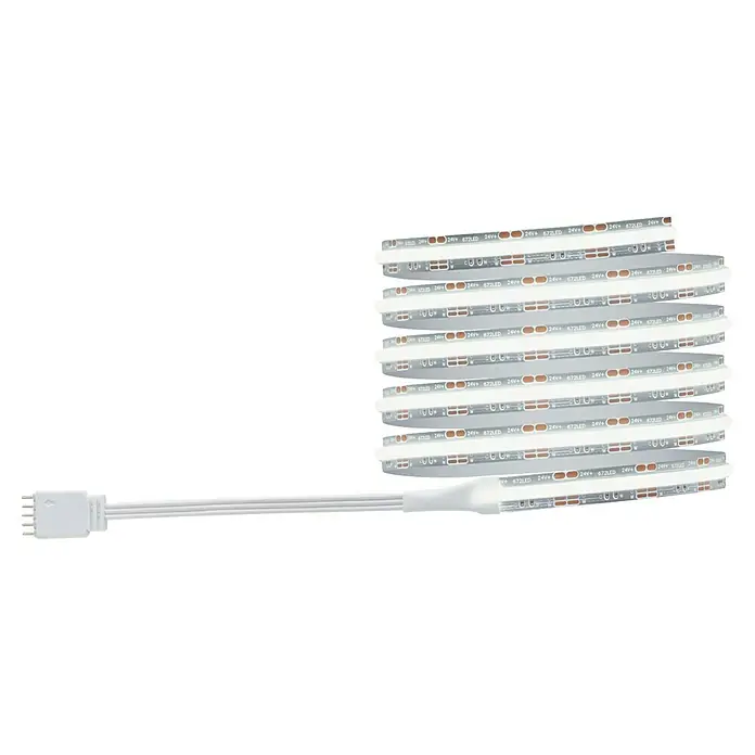 Paulmann MaxLED 1.000 Basis-Set Full-Line COB - 150 cm, 21 W, Mehrfarbig, 1.800 lm - Eine aufgerollte LED-Lichterkette mit einem weißen Stecker ist auf dem Bild zu sehen. Die Lichterkette ist hell und modern.