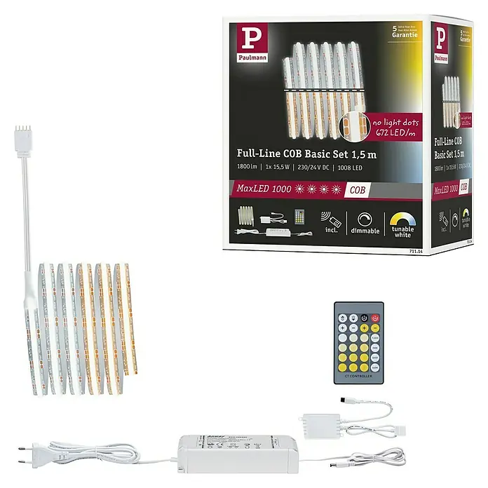 Paulmann MaxLED 1.000 Basis-Set Full-Line COB - 150 cm, 21 W, Mehrfarbig, 1.800 lm - Das Bild zeigt ein Paulmann Full-Line COB Basic Set 1,5 m, ein LED-Beleuchtungsprodukt mit Zubehör wie Fernbedienung und Netzteil.