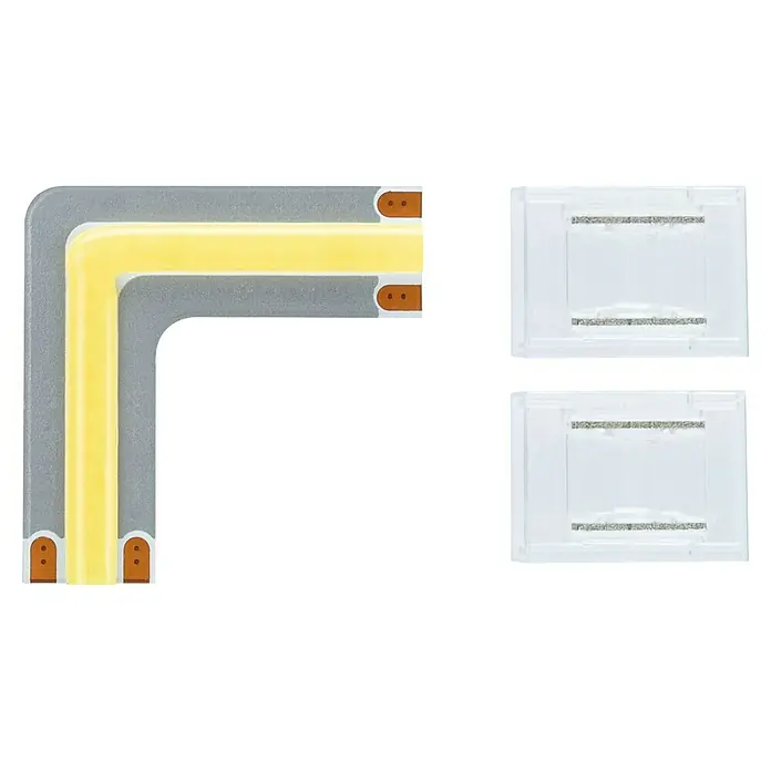 Paulmann MaxLED 1.000 LED-Band-Set Stripe Edge Full-Line COB - 3 cm, Tageslichtweiß, 0,6 W, 64 lm, 230 V - 240 V - Diese Aufnahme zeigt eine LED-Leiste mit rechtwinkliger Biegung und zwei transparenten Verbindungsstücken. Die LED-Leiste strahlt warmes, gelbes Licht aus.