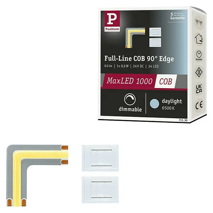 Paulmann MaxLED 1.000 LED-Band-Set Stripe Edge Full-Line COB - 3 cm, Tageslichtweiß, 0,6 W, 64 lm, 230 V - 240 V - Produktbild einer Paulmann Full-Line COB 90° Edge LED-Leuchte, die mit 64lm und 6500K tageslichtweißes Licht bietet.