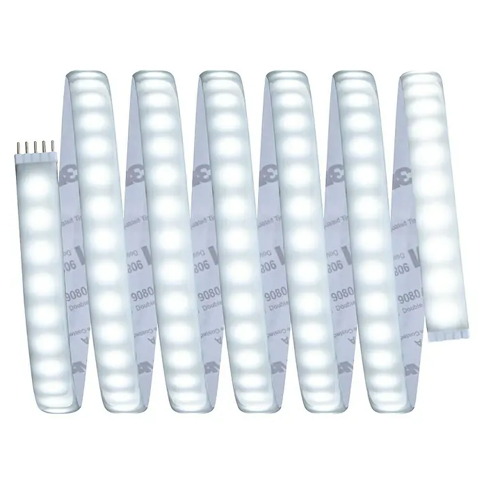 Paulmann MaxLED 1.000 LED-Band Stripe - 250 cm, Mehrfarbig, 27 W, 2.550 lm, 230 V - 240 V - Nahaufnahme einer LED-Lichterkette mit weißem Licht und Klebeband auf der Rückseite, ideal für dekorative Beleuchtung.