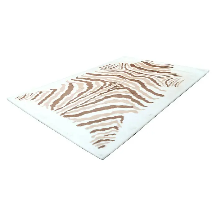 Kayoom Hochflorteppich Zebra - Weiß/Braun, 160 x 120 cm, 100 % Polyester - Ein rechteckiger Teppich mit einem stilvollen Zebra-Muster in Beige und Weiß, ideal für eine moderne Inneneinrichtung. Der weiche Teppich sorgt für Komfort.