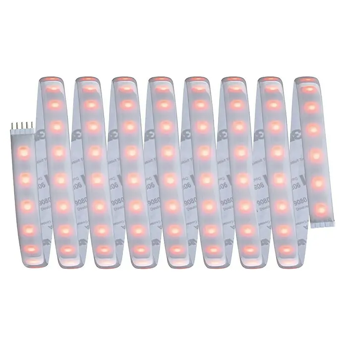 Paulmann MaxLED 1.000 LED-Band Basisset beschichtet - 300 cm, RGBW, 40 W, 3.000 lm - Nahaufnahme von LED-Streifen mit roten Lichtern und 3M-Klebeband auf der Rückseite, ideal für stimmungsvolle Beleuchtung.