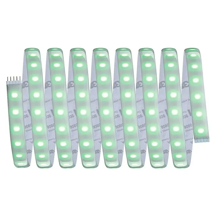Paulmann MaxLED 1.000 LED-Band Basisset beschichtet - 300 cm, RGBW, 40 W, 3.000 lm - Nahaufnahme eines LED-Streifens mit grünen Lichtern und einem selbstklebenden Streifen auf der Rückseite, ideal für dekorative Beleuchtung.