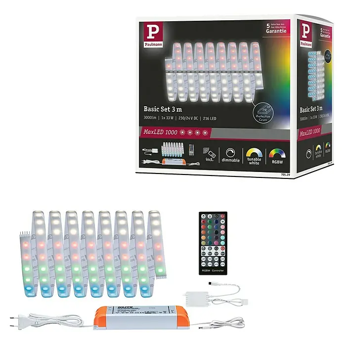 Paulmann MaxLED 1.000 LED-Band Basisset beschichtet - 300 cm, RGBW, 40 W, 3.000 lm - Produktbild des Paulmann Basic Set 3 m LED-Streifens mit Fernbedienung und Zubehör, ideal für stimmungsvolle Beleuchtung.
