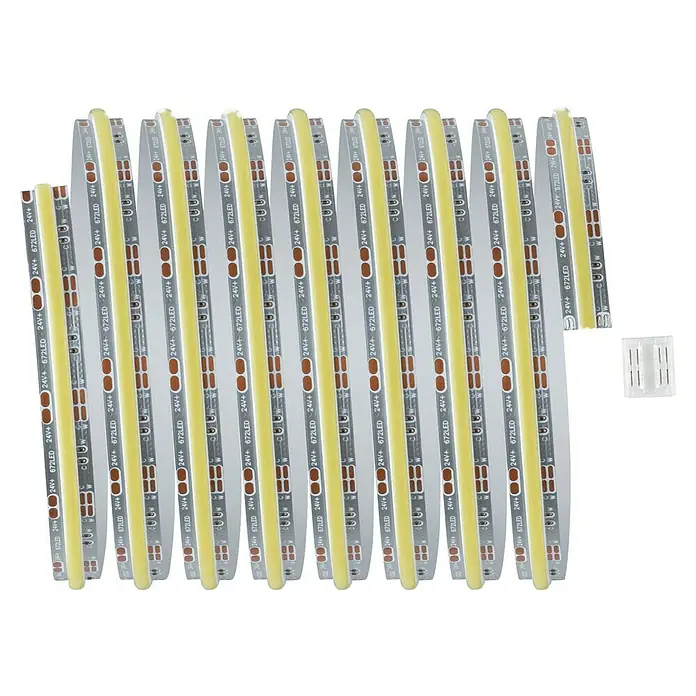 Paulmann MaxLED 1.000 Set de prolongación - 250 cm, Multicolor, 23,5 W, 3.000 lm, 230 V - 240 V - Un primer plano muestra múltiples tiras de LED alineadas una al lado de la otra, junto con una pequeña pieza de conector, con rayas blancas y amarillas.