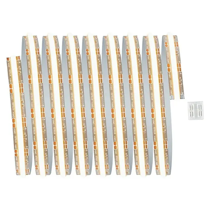 Paulmann MaxLED 1.000 Verlängerungs-Set Full-Line COB - 250 cm, Mehrfarbig, 23,5 W, 3.000 lm, 230 V - 240 V - LED-Streifen: Mehrere LED-Streifen sind ordentlich angeordnet, zusammen mit einem kleinen Zubehörteil für eine einfache Installation.