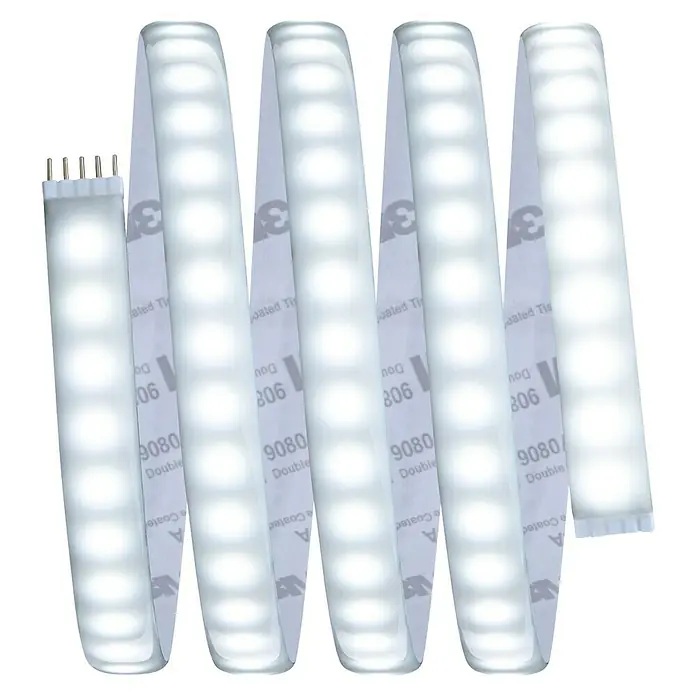 Paulmann MaxLED 1.000 LED-Band Basisset beschichtet - 150 cm, Mehrfarbig, 21 W, 1.530 lm - Nahaufnahme eines LED-Streifens mit leuchtend weißen LEDs, teilweise aufgerollt und mit Klebestreifen versehen.
